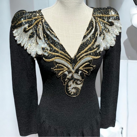🌻VINTAGE 1980s Pat Sandler for Wellmore Black Knit Sequined Dress Tagged Size 8 - Picture 5 of 14